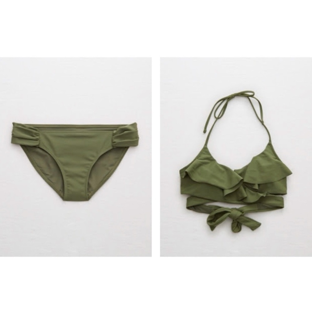 Aerie Scoop Ruffle Bikini Top + Wide Band Bikini Bottom  in Rugged Green